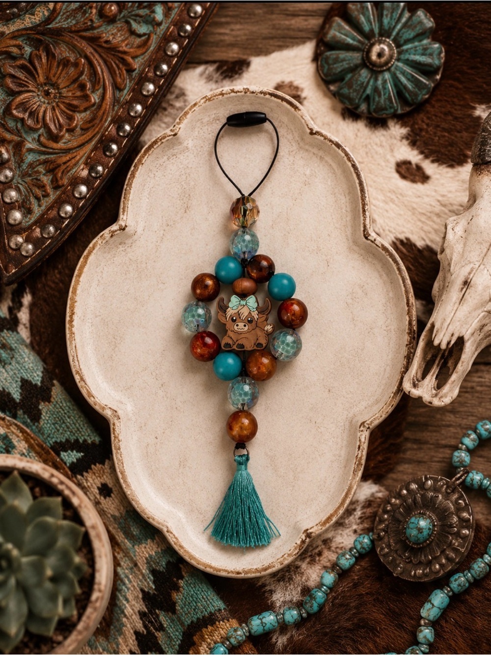 Handmade Turquoise & Brown Beaded Highland Cow Car Charm